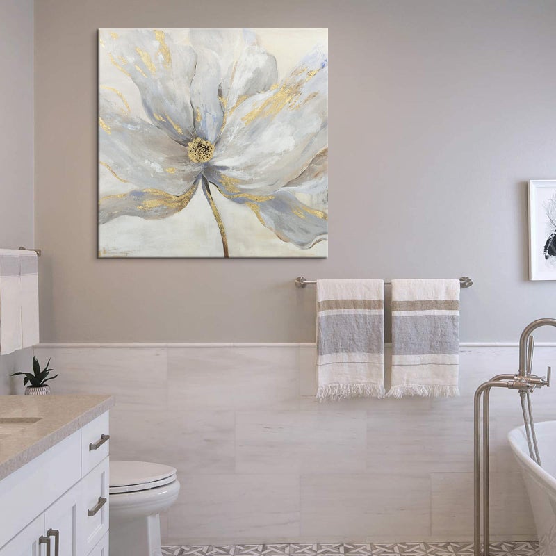 Goldfoilart Floral Wall Art Gold Flower Canvas Pictures with Foil Embellishment Painting Grey Print Framed Artwork for Bedroom Bathroom Living Room Office Wall Decor 24" x 24" - Image 4